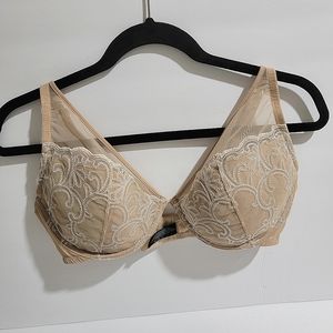 Natori Sheer Plunge Underwire White Floral Embroidered over Lace  Beige Bra 38DD